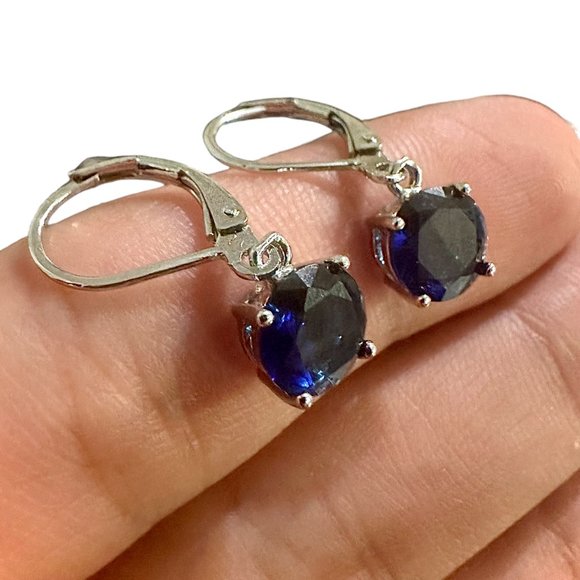 Sapphire Earrings Sterling Silver 925 Leverback Earrings Dangle lab-created - Picture 10 of 10